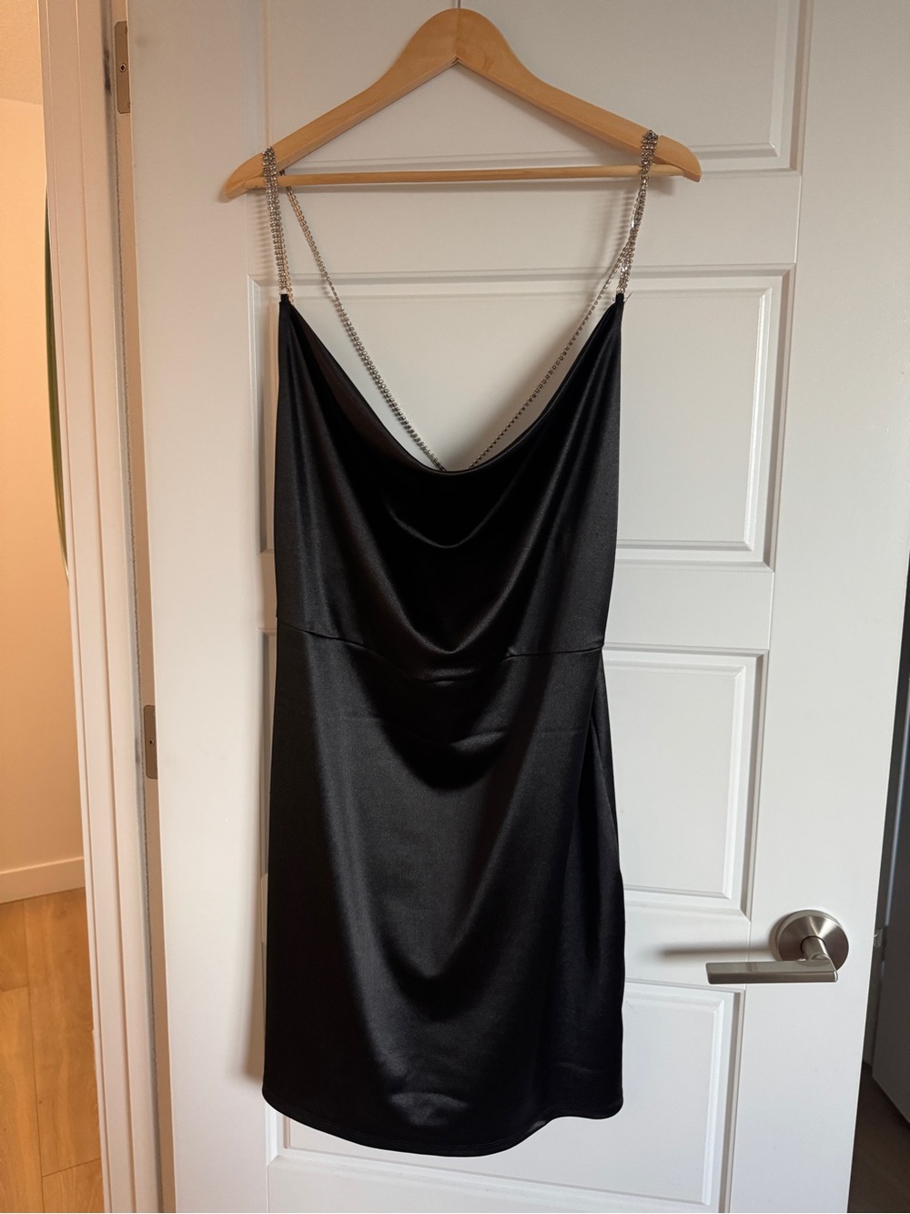 Black Satin Slip Dress with Chain Straps